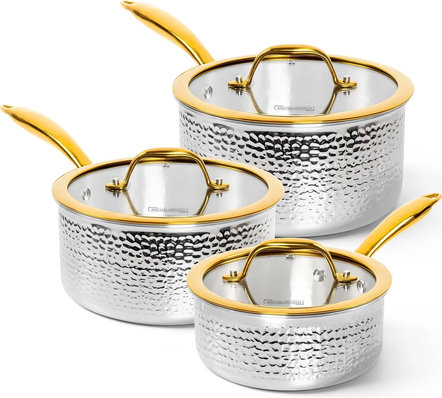 Michelangelo Triply Stainless Steel Saucepan Set, Luxury Hammered Stainless Steel Sauce Pans with Golden Handle, Premium Sauce Pot Set, Induction Compatible