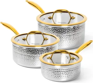 Michelangelo Triply Stainless Steel Saucepan Set, Luxury Hammered Stainless Steel Sauce Pans with Golden Handle, Premium Sauce Pot Set, Induction Compatible