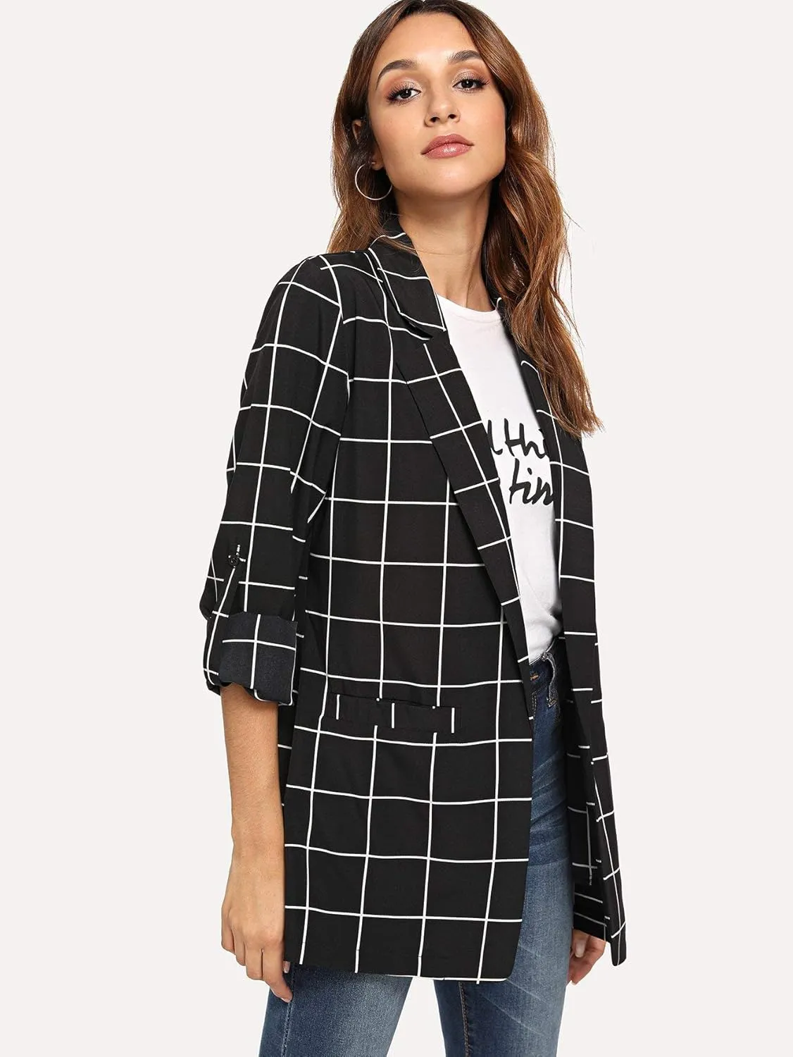 Milumia Women's Open Front Blazer Casual Lightweight Plaid Roll Up Sleeve Jacket Shirt