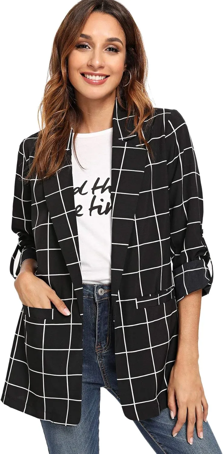 Milumia Women's Open Front Blazer Casual Lightweight Plaid Roll Up Sleeve Jacket Shirt