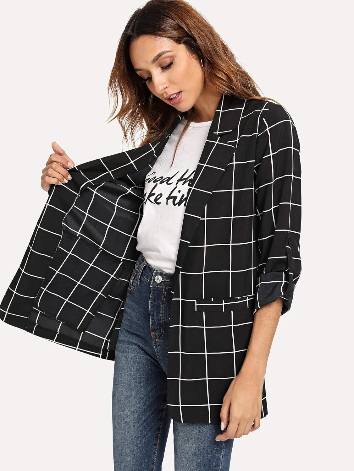 Milumia Women's Open Front Blazer Casual Lightweight Plaid Roll Up Sleeve Jacket Shirt