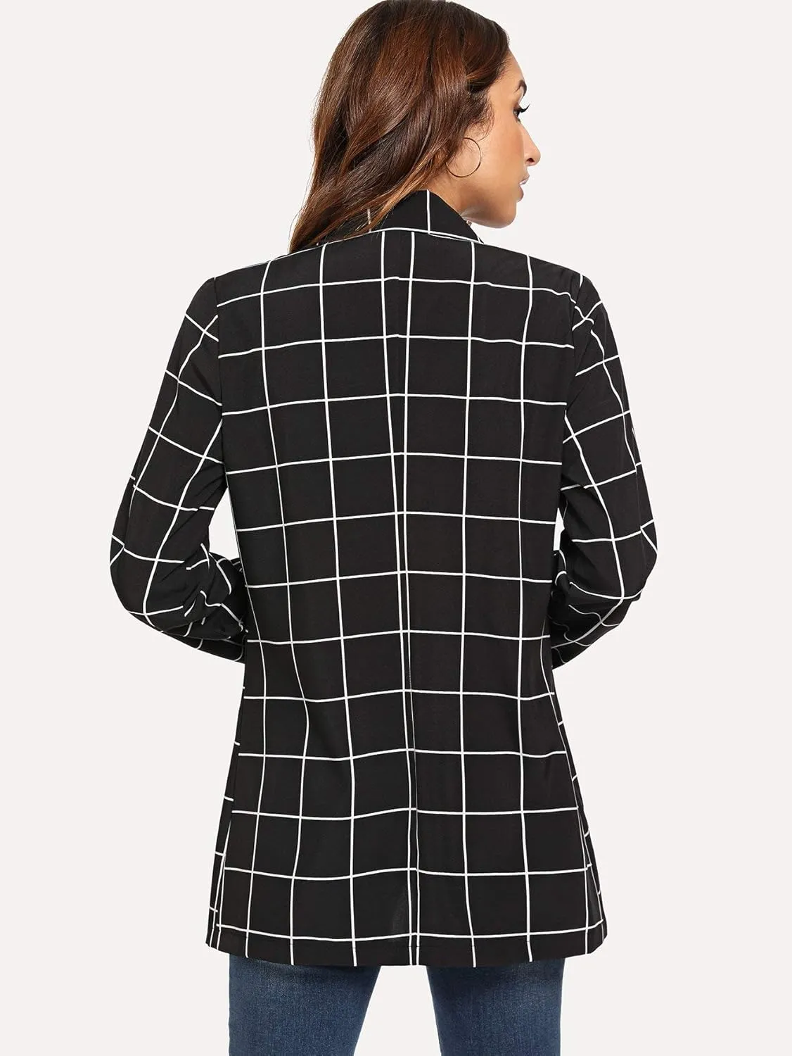 Milumia Women's Open Front Blazer Casual Lightweight Plaid Roll Up Sleeve Jacket Shirt