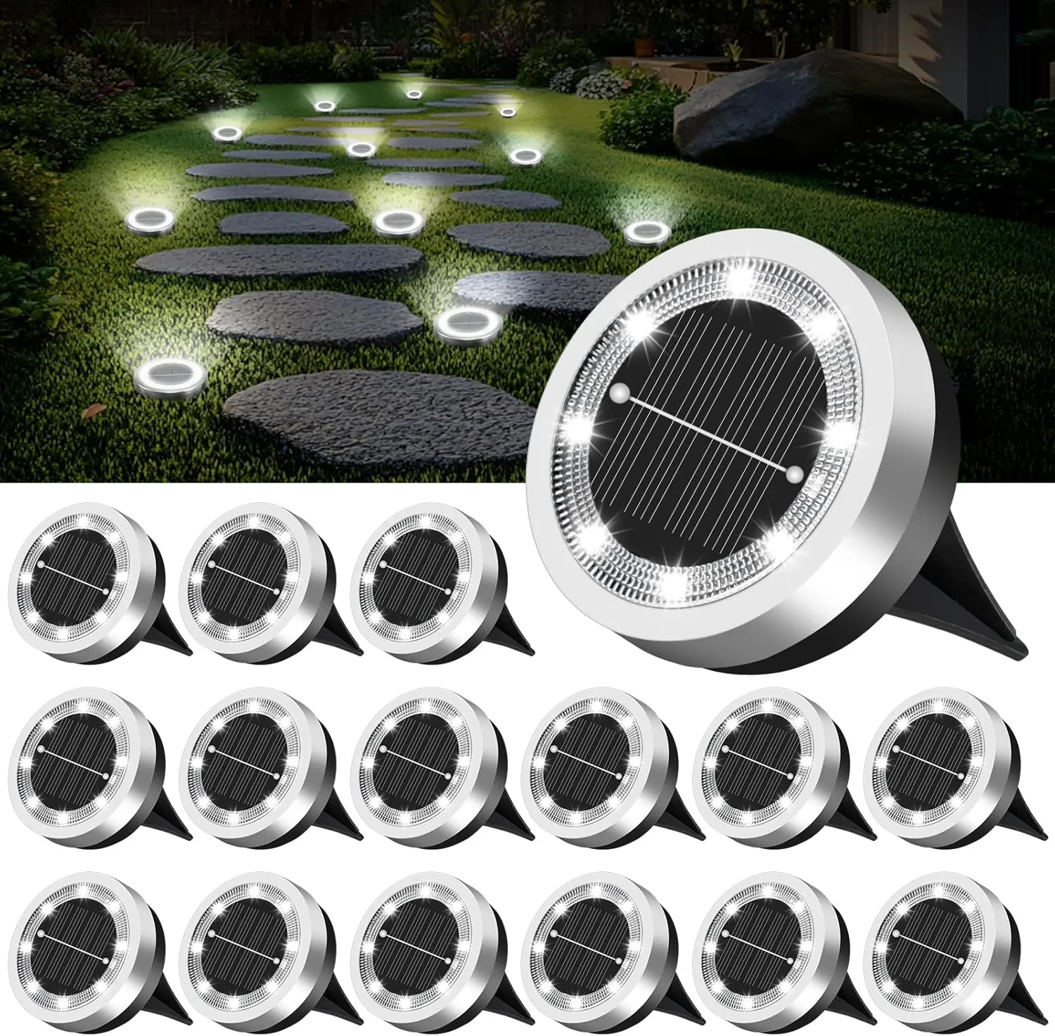 Mini Solar Ground Lights Outdoor 16 Pack Waterproof Upgraded Anti-Rust Solar Flat Garden Lights Stainless Steel Solor Powered Disc Landscape Light for Pathway Walkway Yard Lawn Patio-Cool White