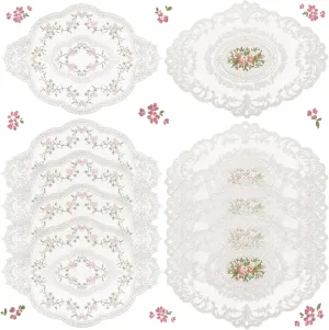 Mixweer 10 Pcs White Retro Lace Placemats Oval Embroidered Table Place Mats French Crochet Doilies Vintage Coasters Cup Mat 12'' x 16'' for Wedding Cup Vase Table Decor