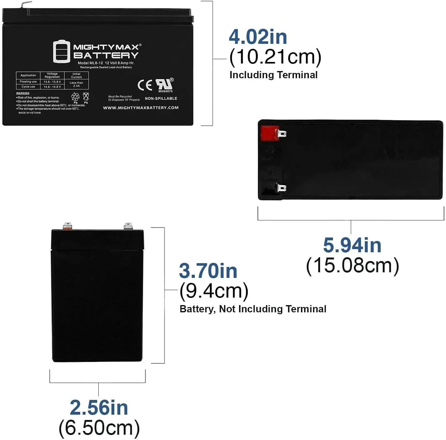 ML8-12 - 12 Volt 8 AH, F1 Terminal, Rechargeable SLA AGM Battery