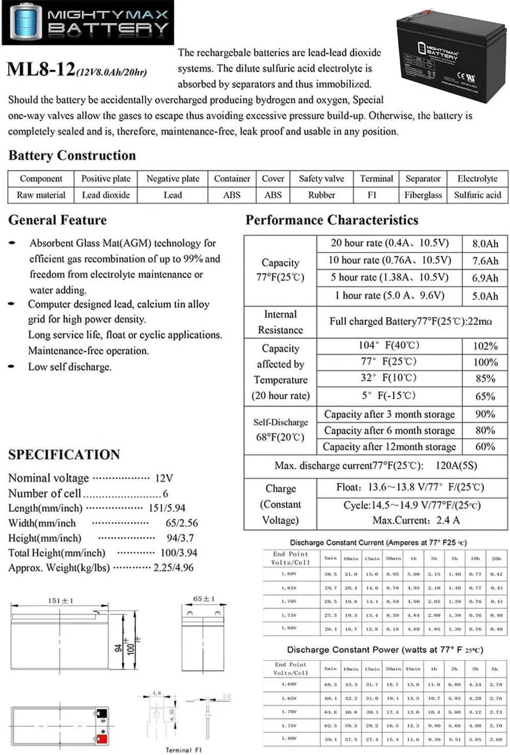 ML8-12 - 12 Volt 8 AH, F1 Terminal, Rechargeable SLA AGM Battery