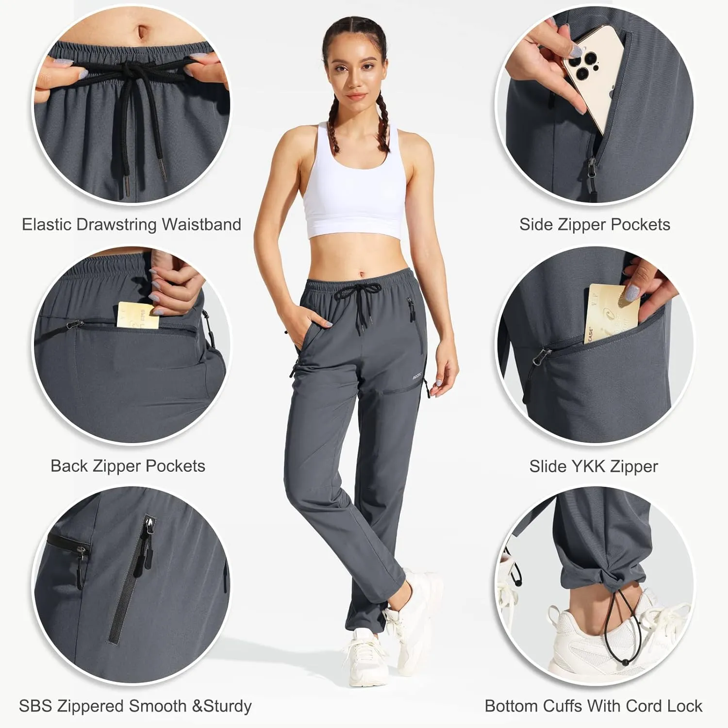 MOCOLY Women's Cargo Hiking Pants Elastic Waist Quick Dry Lightweight Outdoor Water Resistant UPF 50  Long Pants Zipper