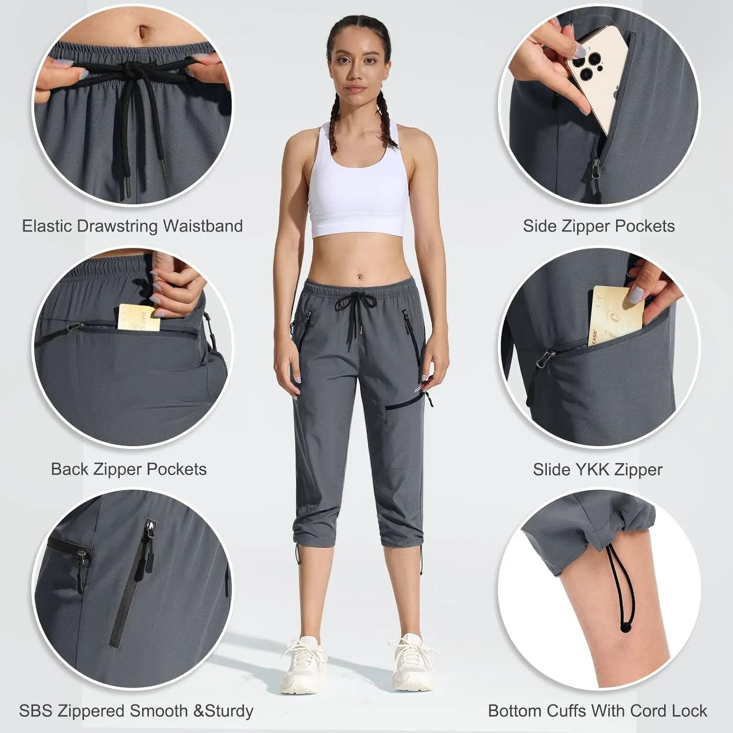 MOCOLY Women's Cargo Hiking Pants Elastic Waist Quick Dry Lightweight Outdoor Water Resistant UPF 50  Long Pants Zipper