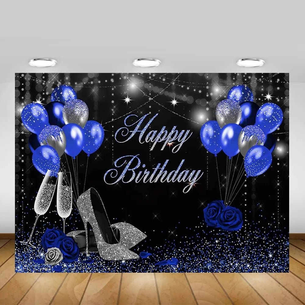 Mocsicka Birthday Backdrop for Women Silver Blue High Heels Happy Birthday Party Decoration for Girls Rose Party Banner Supplies Photography Background