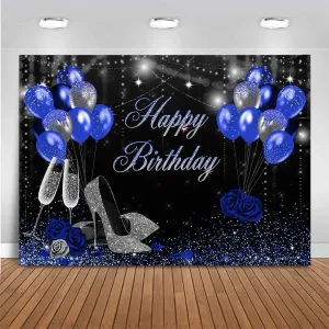 Mocsicka Birthday Backdrop for Women Silver Blue High Heels Happy Birthday Party Decoration for Girls Rose Party Banner Supplies Photography Background