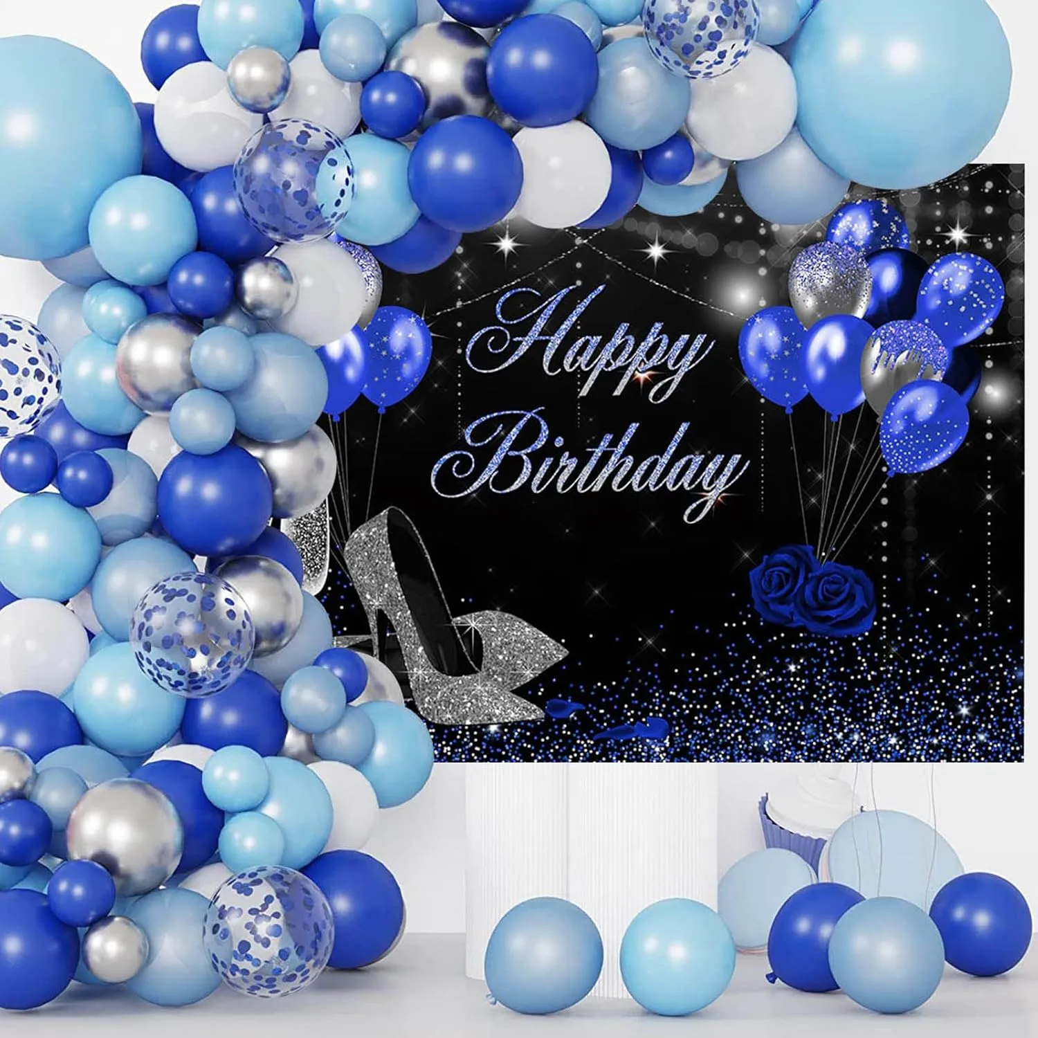 Mocsicka Birthday Backdrop for Women Silver Blue High Heels Happy Birthday Party Decoration for Girls Rose Party Banner Supplies Photography Background