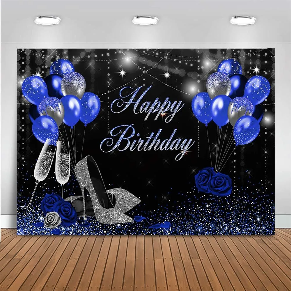 Mocsicka Birthday Backdrop for Women Silver Blue High Heels Happy Birthday Party Decoration for Girls Rose Party Banner Supplies Photography Background