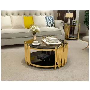 Modern light luxury stainless steel 3 piece toughened glass tea table