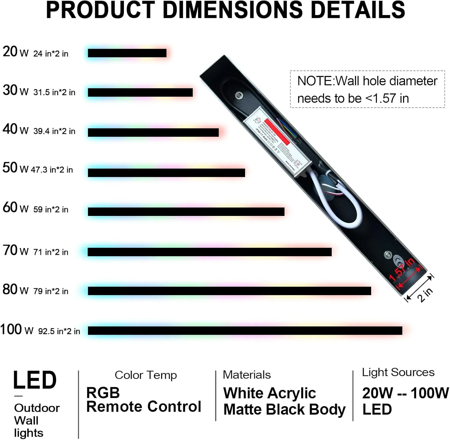 Modern Outdoor Wall Light - 59" RGB LED Sconce, IP65 Waterproof for House, Garage, Porch