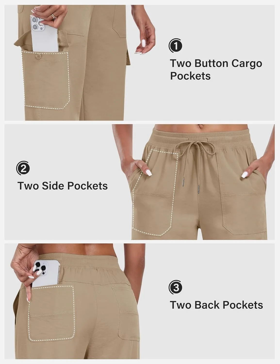 MoFiz Women's Hiking Pants Roll Up Convertible Capri Pant Lightweight Quick Dry Outdoor Travel Athletic Pants Pockets
