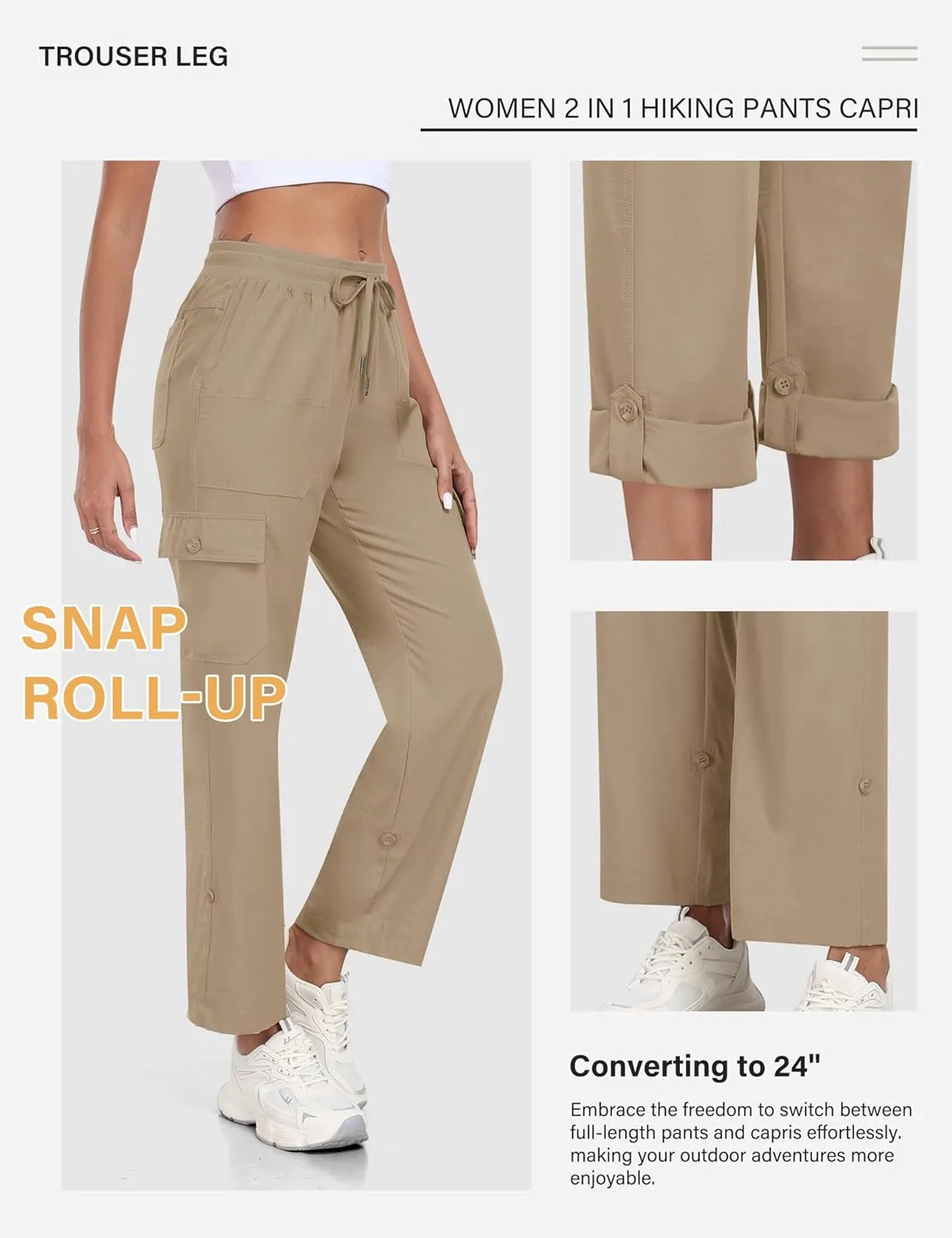 MoFiz Women's Hiking Pants Roll Up Convertible Capri Pant Lightweight Quick Dry Outdoor Travel Athletic Pants Pockets