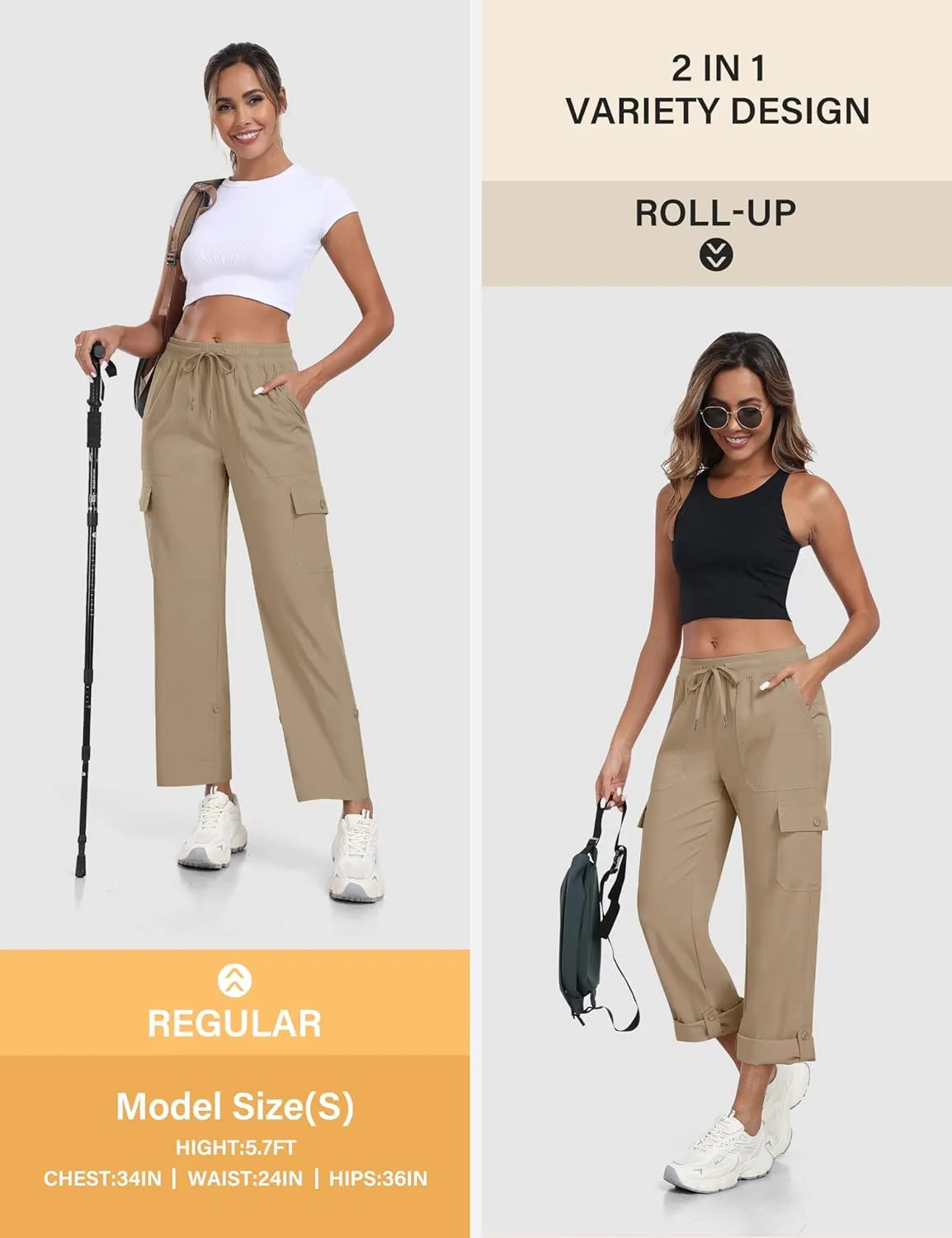MoFiz Women's Hiking Pants Roll Up Convertible Capri Pant Lightweight Quick Dry Outdoor Travel Athletic Pants Pockets