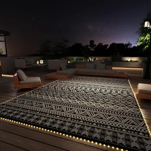MontVoo-Outdoor Rug Carpet 9x12 ft for Patio RV Camping with Led Strip Lights Waterproof Plastic Straw Rug Reversible Portable Outside Indoor Outdoor Rug Mat for Patio Decor Balcony Picnic-Boho Rug