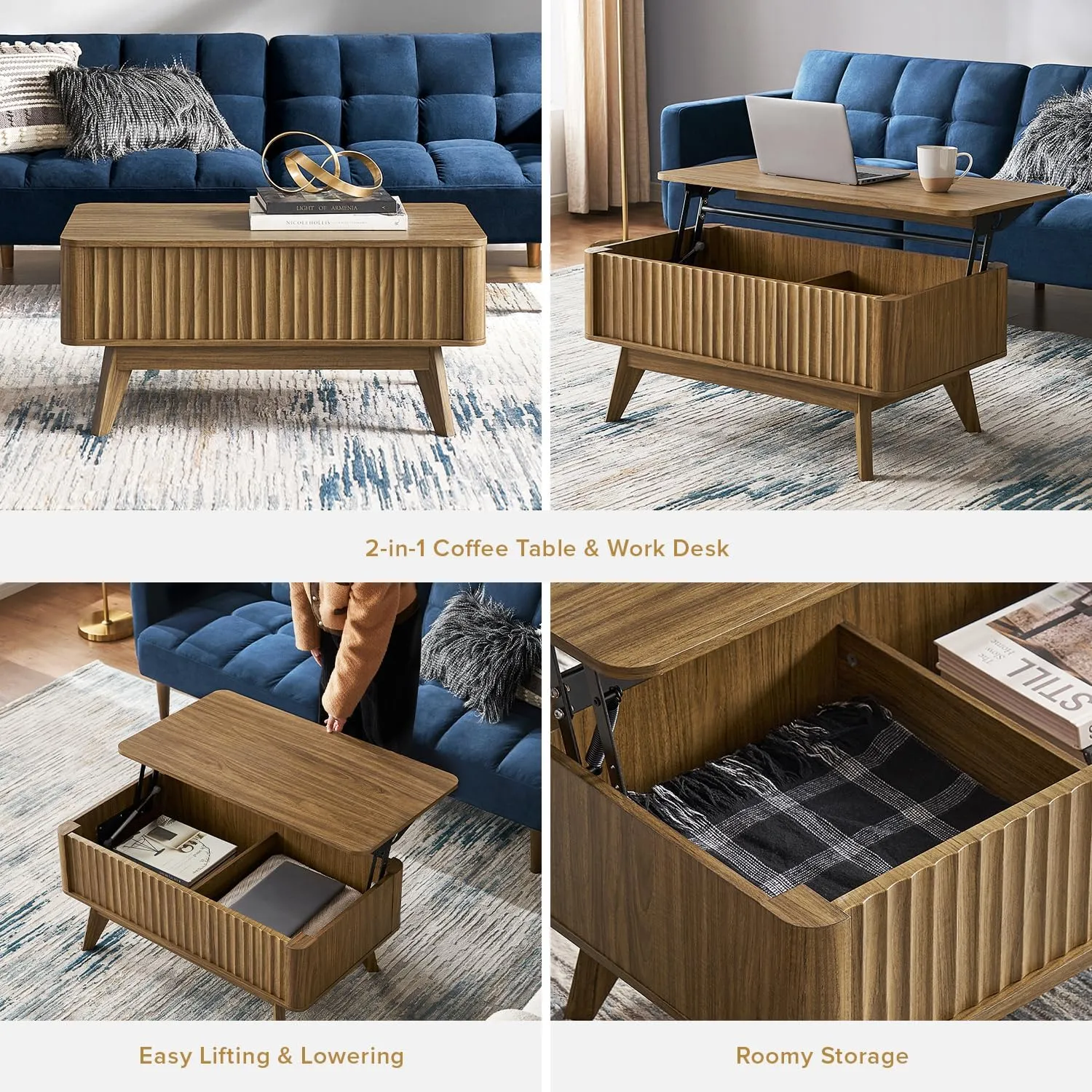mopio Brooklyn Lift Top Coffee Table for Living Room, Mid Century, Modern Farmhouse with Lifting Tabletop & Hidden Storage, Fluted Panel, Rising Pull Up Dining Table (Walnut)