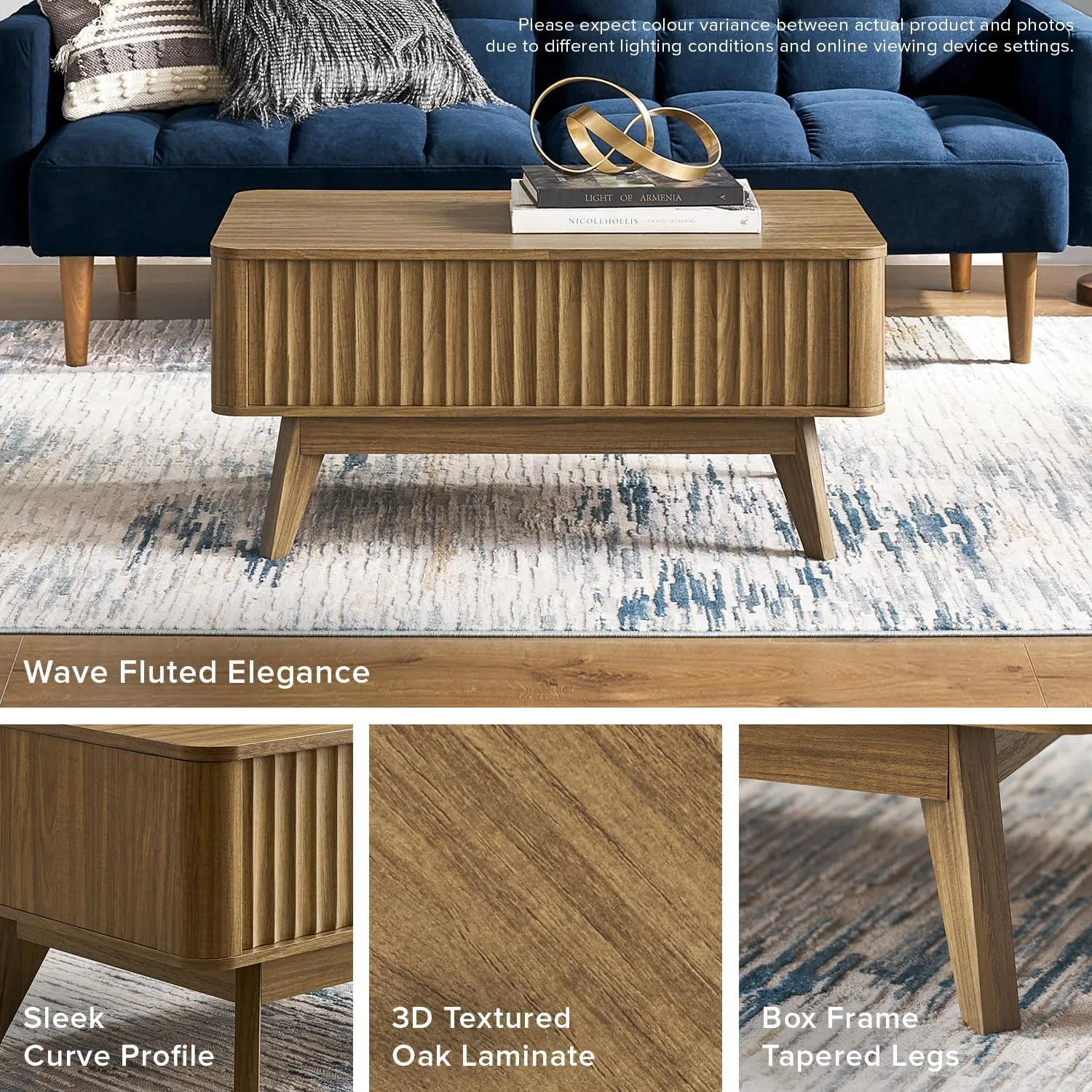 mopio Brooklyn Lift Top Coffee Table for Living Room, Mid Century, Modern Farmhouse with Lifting Tabletop & Hidden Storage, Fluted Panel, Rising Pull Up Dining Table (Walnut)