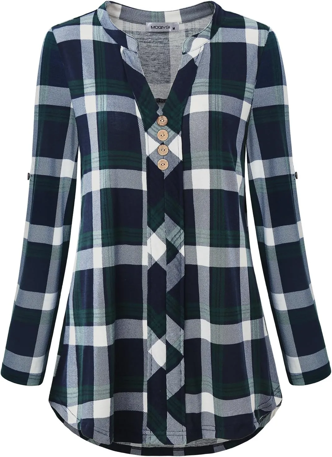 MOQIVGI Womens Roll Tab Sleeve V Neck Plaid Shirts Trendy Casual Checkered Blouse Tops