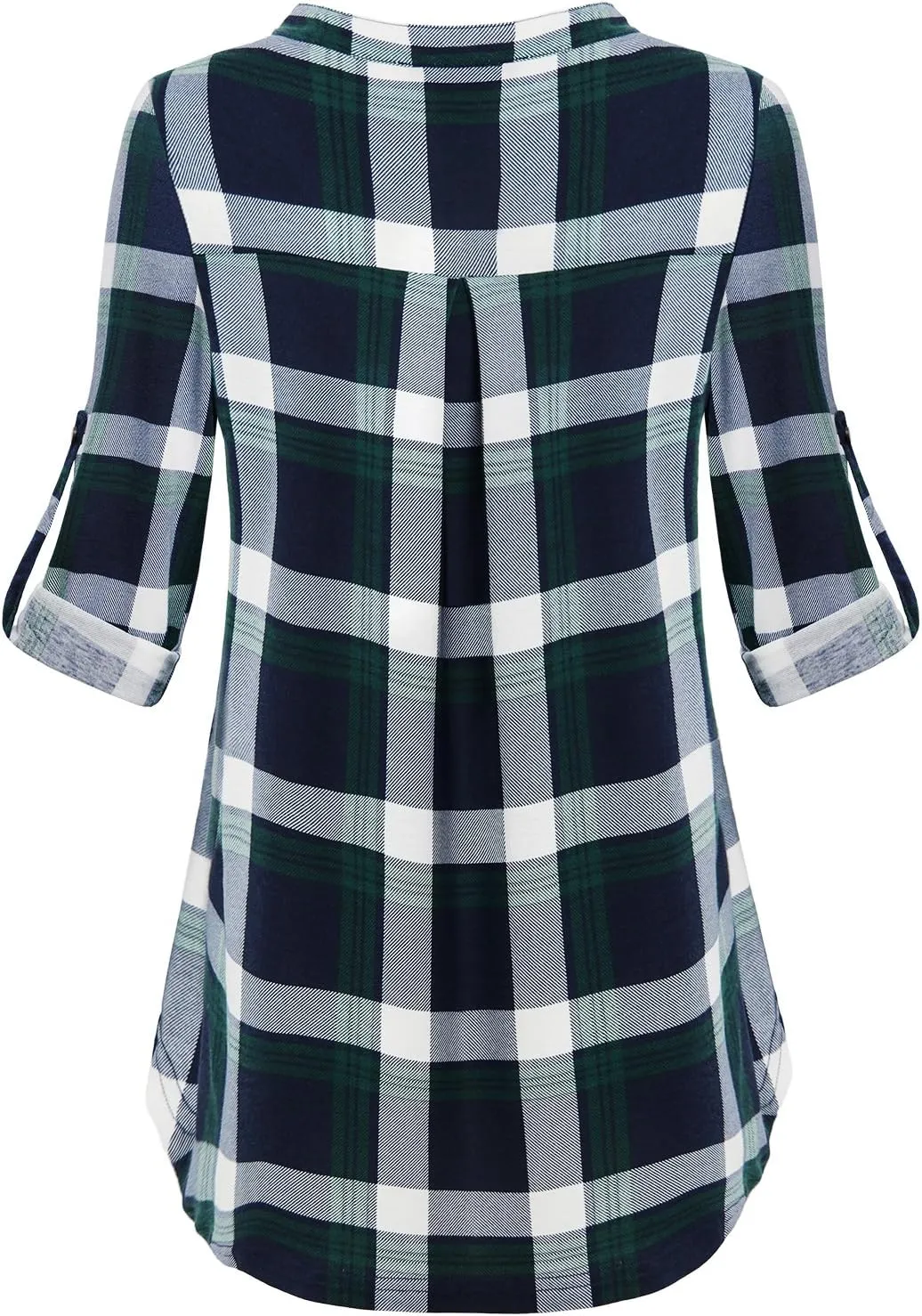 MOQIVGI Womens Roll Tab Sleeve V Neck Plaid Shirts Trendy Casual Checkered Blouse Tops