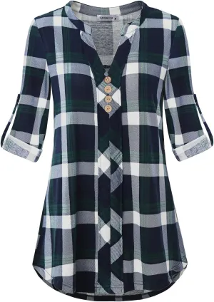 MOQIVGI Womens Roll Tab Sleeve V Neck Plaid Shirts Trendy Casual Checkered Blouse Tops