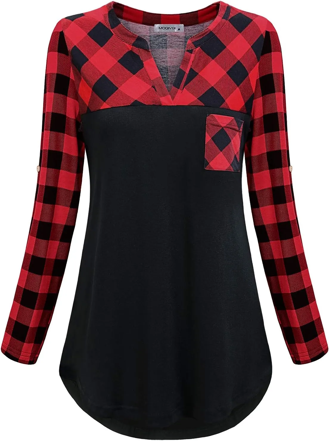 MOQIVGI Womens Roll Up Long Sleeve V Neck Patchwork Blouse Shirt Tops