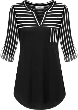 MOQIVGI Womens Roll Up Long Sleeve V Neck Patchwork Blouse Shirt Tops