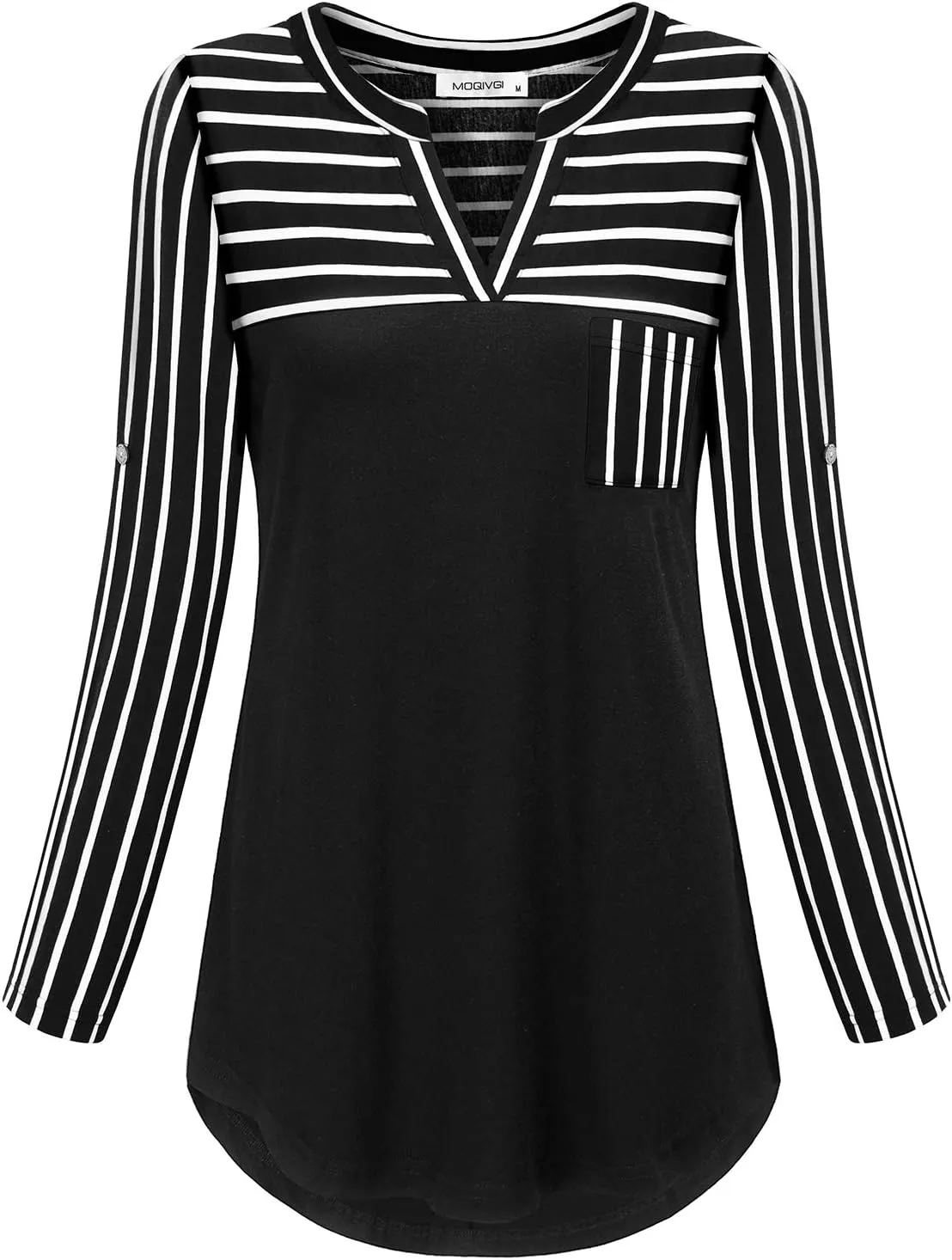 MOQIVGI Womens Roll Up Long Sleeve V Neck Patchwork Blouse Shirt Tops