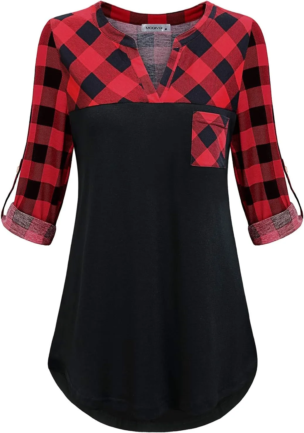 MOQIVGI Womens Roll Up Long Sleeve V Neck Patchwork Blouse Shirt Tops