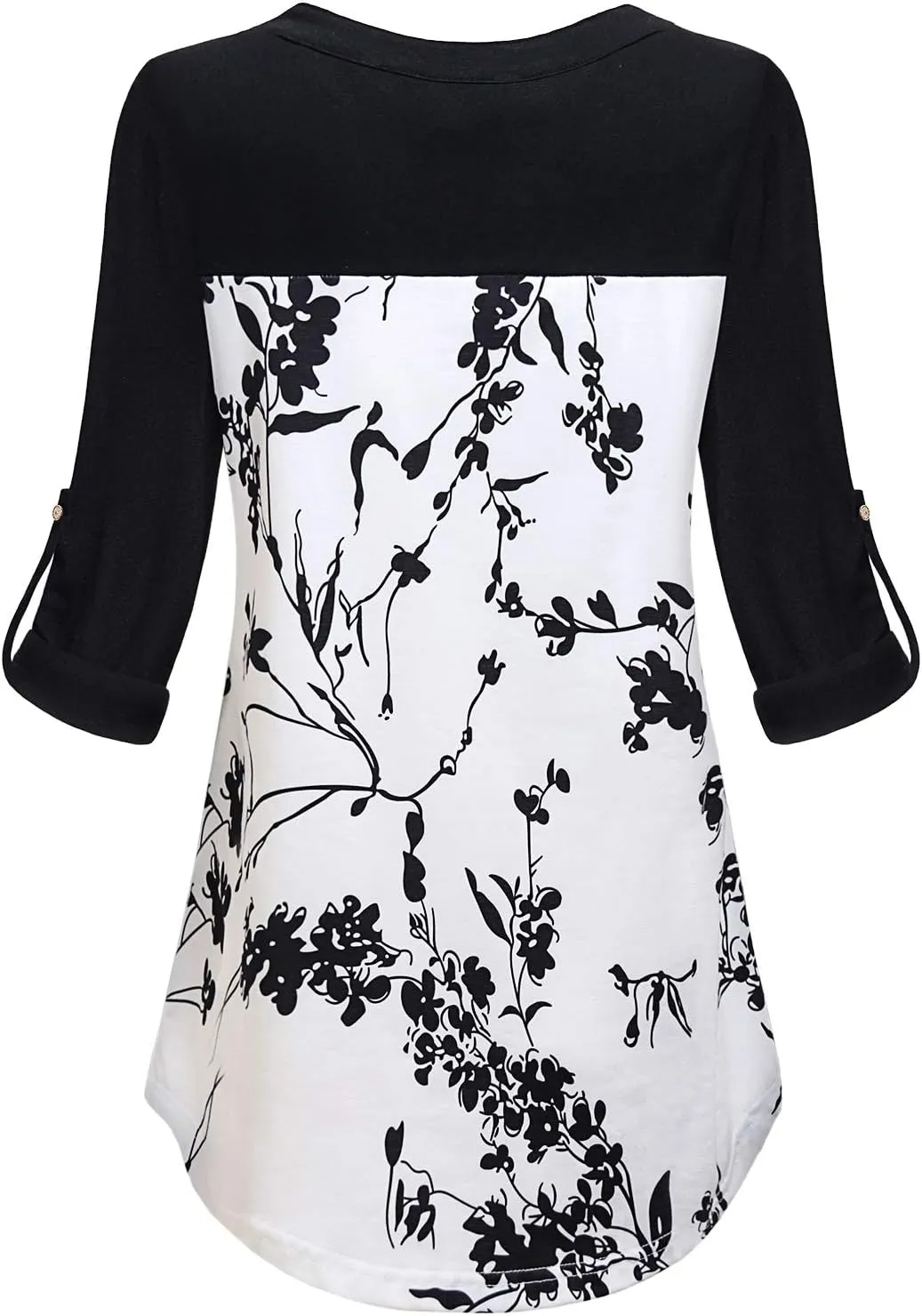 MOQIVGI Womens Roll Up Long Sleeve V Neck Patchwork Blouse Shirt Tops