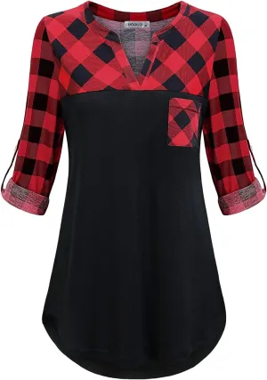 MOQIVGI Womens Roll Up Long Sleeve V Neck Patchwork Blouse Shirt Tops