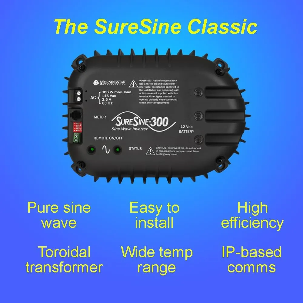 Morningstar SureSine Classic 300W Pure Sine Wave Inverter (SI-300-115V-UL) - DC to AC Converter, 12VDC, 115VAC, 60Hz - for Residential, Mobile, and Industrial Solar/Non-Solar Systems