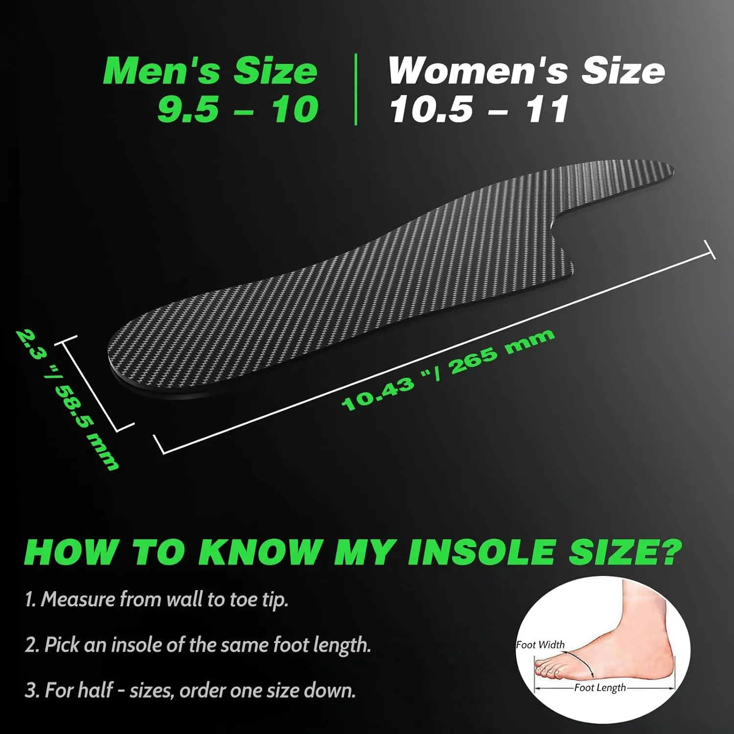 Morton's Extension Orthotic, Carbon Fiber Insole (1 Piece), Rigid Foot Support Insert for Morton's Toe, Foot Fractures, Turf Toe, Hallux Rigidus, and Arthritis, 265(W 10.5-11,M 9.5-10) Black 1pc