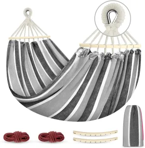 MOSFiATA Hammocks Portable Camping Hammock Upgraded 550lb Comfortable Fabric Hammock with Two Anti Roll Balance Beam and Sturdy Tree Straps for Camping, Patio, Backyard, Outdoor （Gray White）