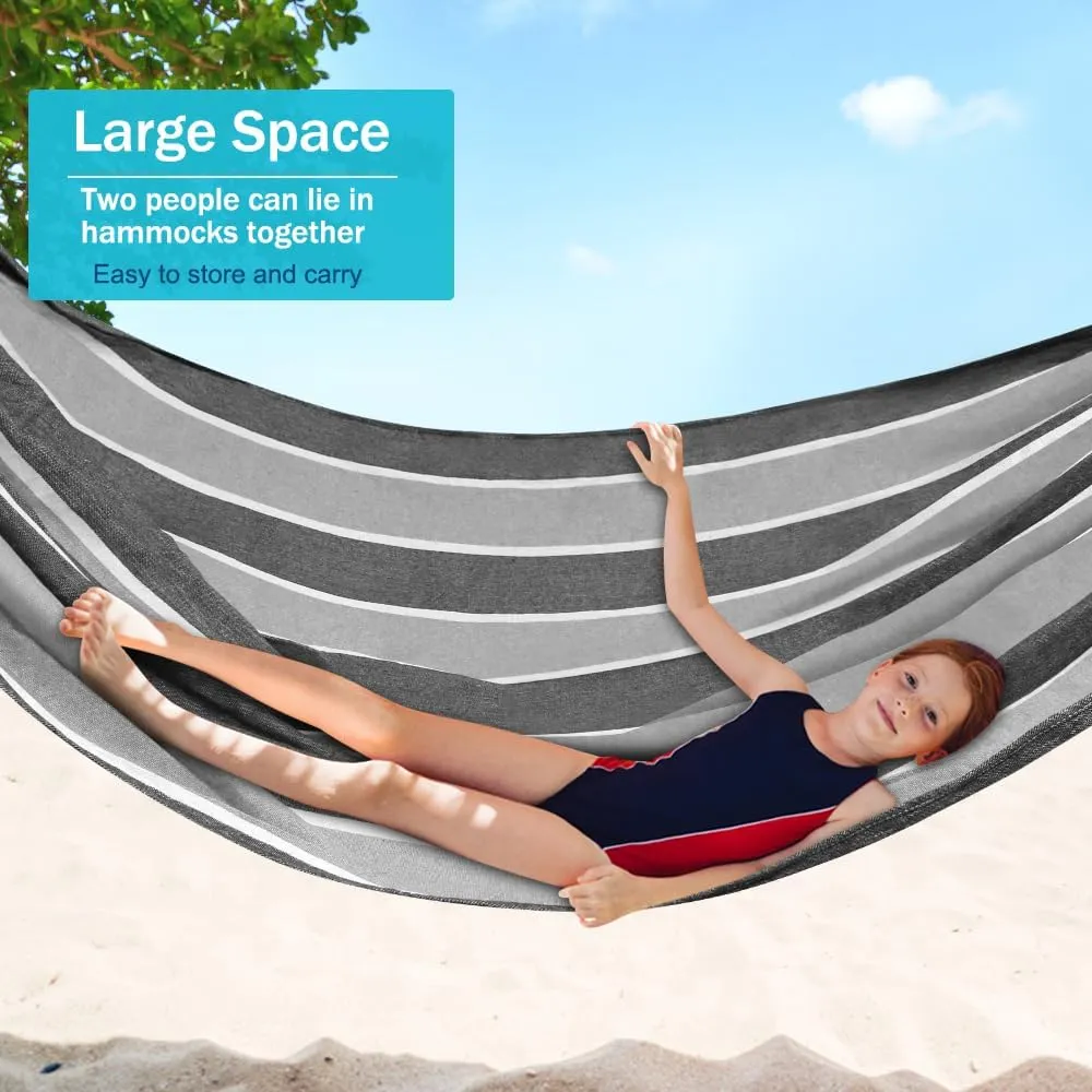 MOSFiATA Hammocks Portable Camping Hammock Upgraded 550lb Comfortable Fabric Hammock with Two Anti Roll Balance Beam and Sturdy Tree Straps for Camping, Patio, Backyard, Outdoor （Gray White）