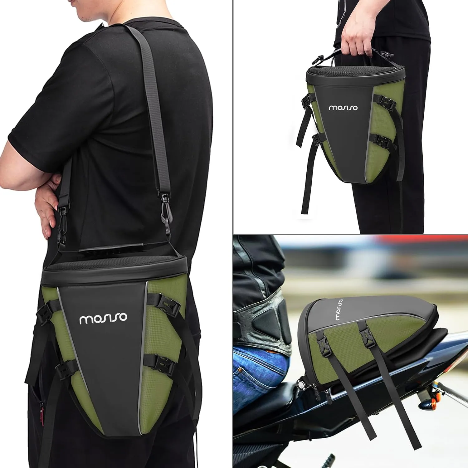 MOSISO Motorcycle Tail Bag Multifunctional Waterproof Polyester Storage Saddle Bag, 10L Outdoor Sports Motorbike Rear Seat Light Tank Handbag Tool Carry Pouch with Shoulder Strap, Army Green