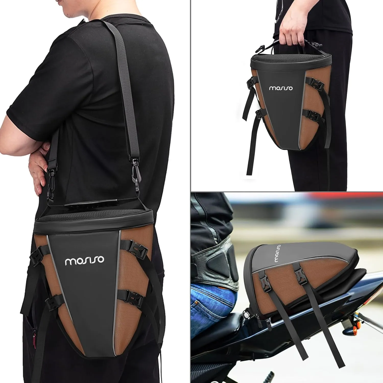 MOSISO Motorcycle Tail Bag Multifunctional Waterproof Polyester Storage Saddle Bag, 10L Outdoor Sports Motorbike Rear Seat Light Tank Handbag Tool Carry Pouch with Shoulder Strap, Brown