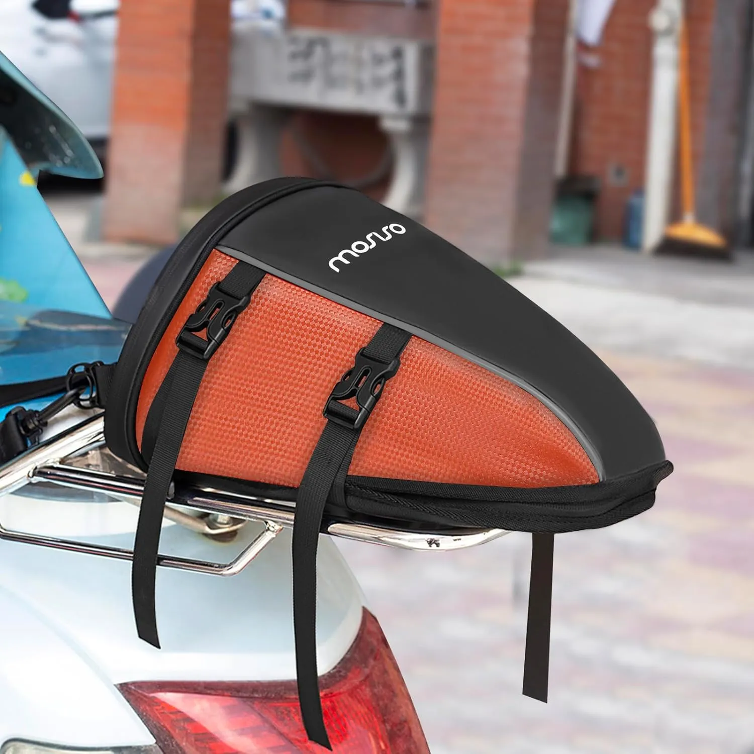 MOSISO Motorcycle Tail Bag Multifunctional Waterproof Polyester Storage Saddle Bag, 10L Outdoor Sports Motorbike Rear Seat Light Tank Handbag Tool Carry Pouch with Shoulder Strap, Orange