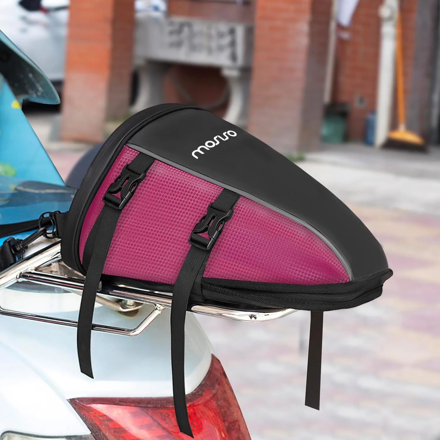 MOSISO Motorcycle Tail Bag Multifunctional Waterproof Polyester Storage Saddle Bag, 10L Outdoor Sports Motorbike Rear Seat Light Tank Handbag Tool Carry Pouch with Shoulder Strap, Rose Red
