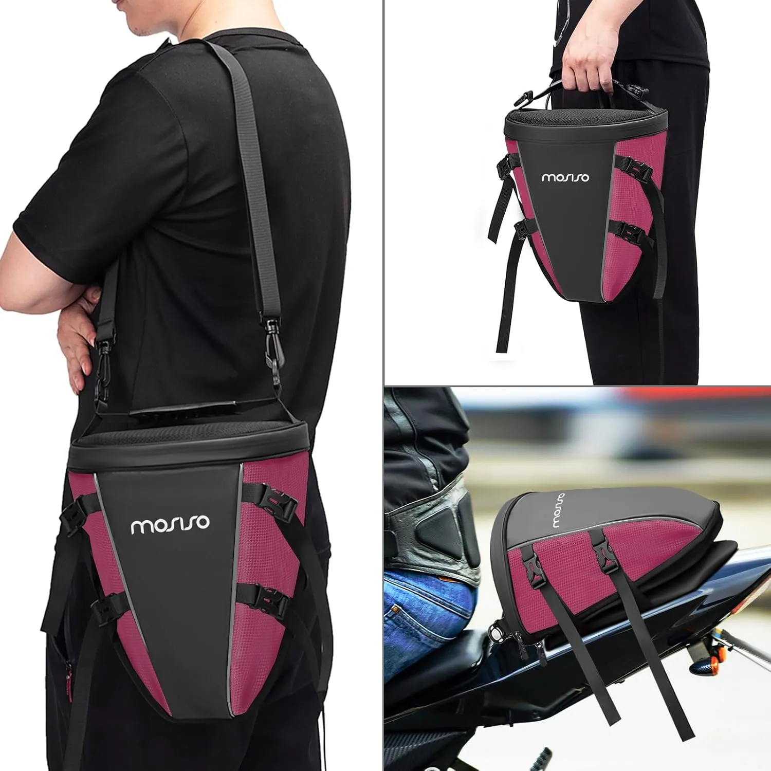 MOSISO Motorcycle Tail Bag Multifunctional Waterproof Polyester Storage Saddle Bag, 10L Outdoor Sports Motorbike Rear Seat Light Tank Handbag Tool Carry Pouch with Shoulder Strap, Rose Red