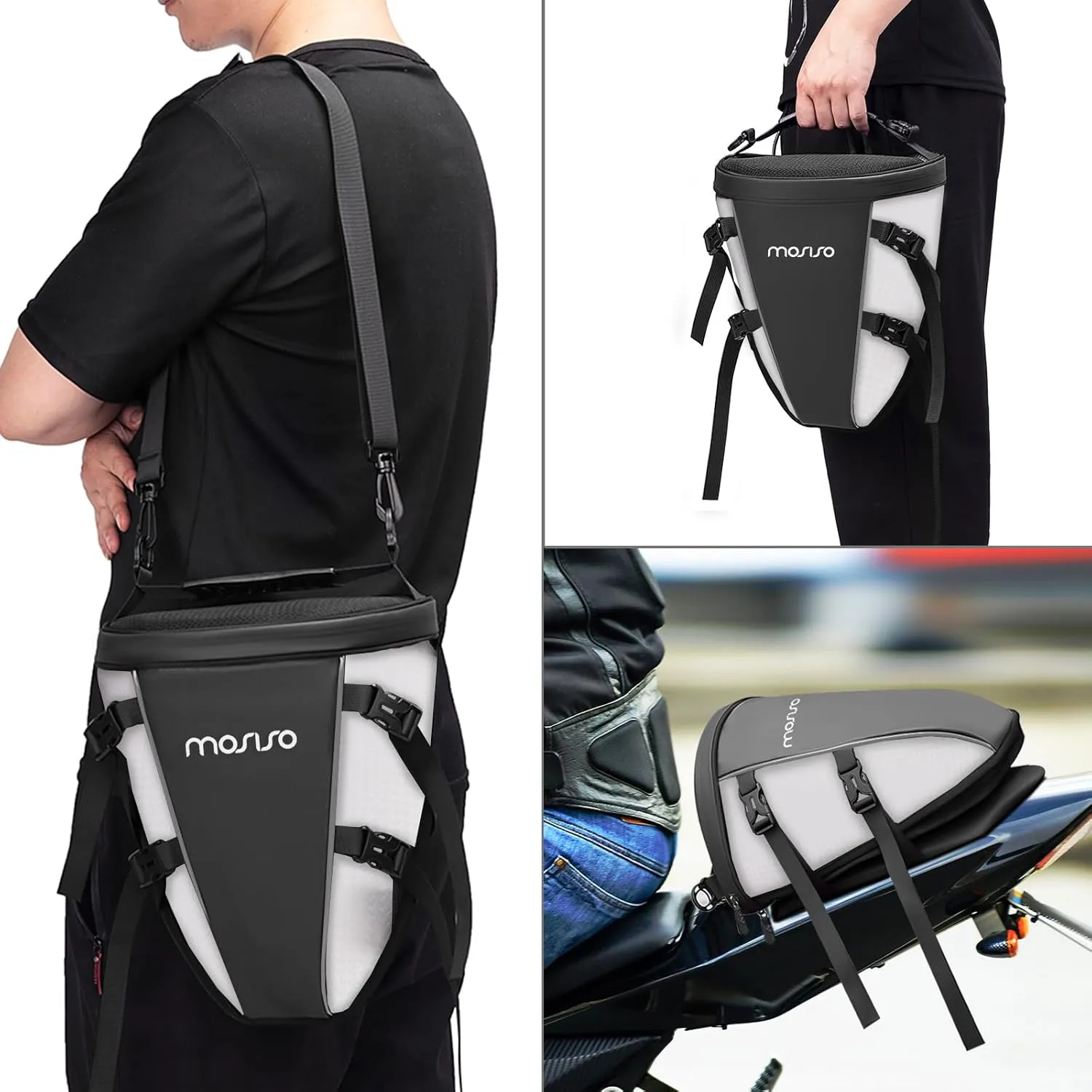 MOSISO Motorcycle Tail Bag Multifunctional Waterproof Polyester Storage Saddle Bag, 10L Outdoor Sports Motorbike Rear Seat Light Tank Handbag Tool Carry Pouch with Shoulder Strap, White