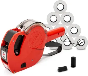 Motex MX-5500 New Version 1 Line 8 Digits Price Tag Gun Kit - Includes 10,000 White BlankLabels and 1 Pre-Loaded Inker with 1 Ink Refill - for Grocery Store, Retail Shop, Garage Sale (Red)