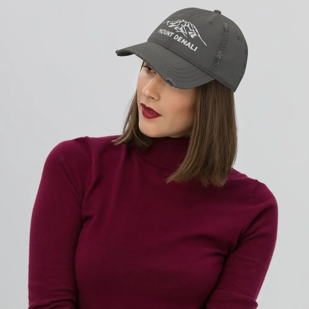 Mount Denali Distressed Dad Hat McKinley Alaska USA Highest Mountain Hiking Travel Exploration Hat