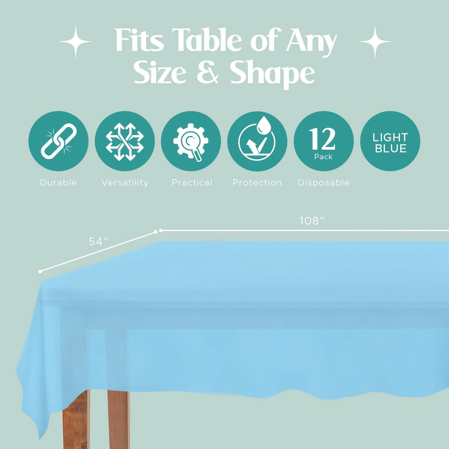 Mountclear Disposable Plastic Tablecloths for Parties [Pack of 12] 54x108” Rectangle Table Cover for Indoor & Outdoor Tables- Waterproof Tablecloth for Birthdays, Weddings, Parties [Light Blue]
