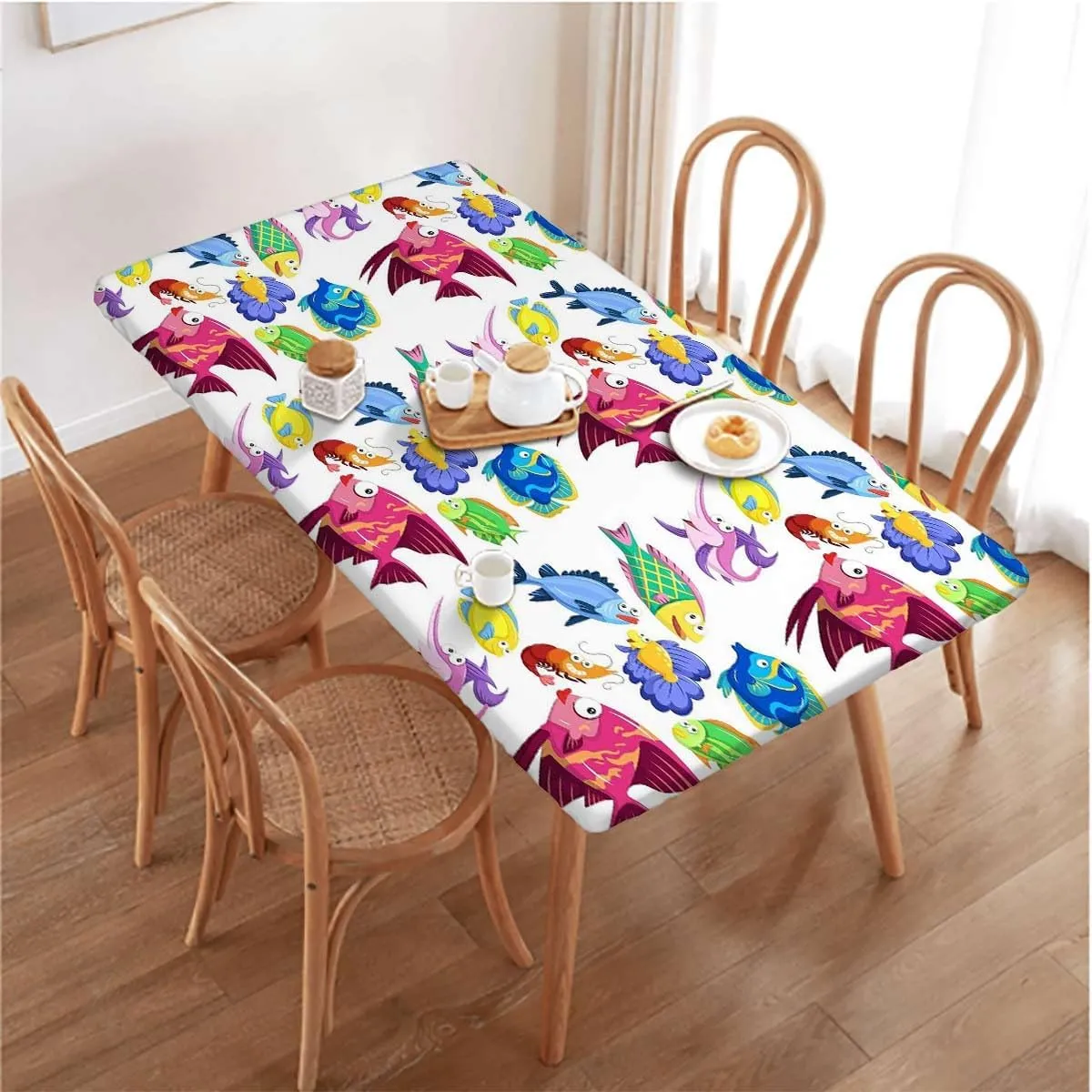 Multicolor Elastic Edged Table Covers Swimming Ocean Cartoon Tablecloth Fitted Table Cloth Rectangle Table Animal Fits up 5 Foot Tables