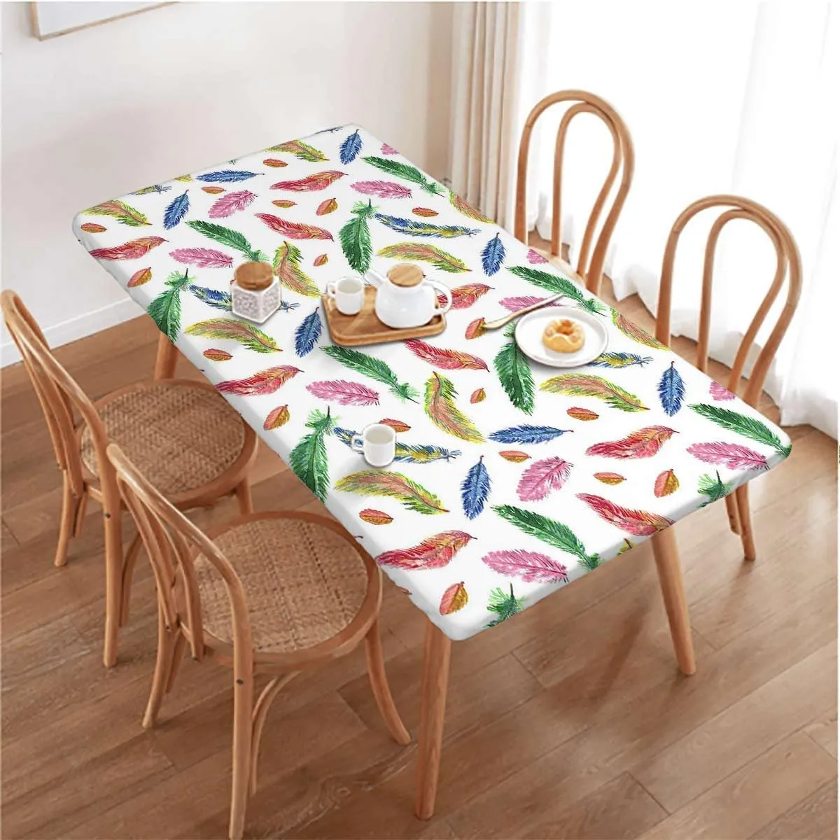 Multicolor Elastic Fitted Picnic Table Cover Watercolor Feathers Birds Animals Fitted Tablecloth Rectangle Table Cover - Table Cloth - Fitted Table Covers Colorful Fits up 4 Foot Tables