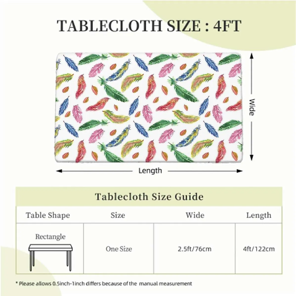 Multicolor Elastic Fitted Picnic Table Cover Watercolor Feathers Birds Animals Fitted Tablecloth Rectangle Table Cover - Table Cloth - Fitted Table Covers Colorful Fits up 4 Foot Tables