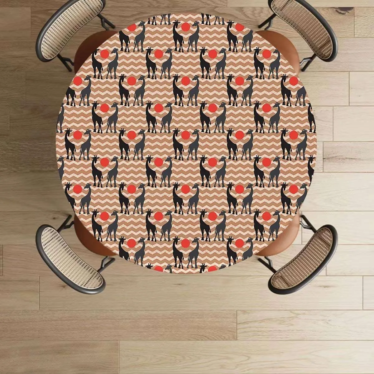 Multicolor Round Fitted Tablecloth Reindeer Caribou Herd Forest Leaves Trees Table Cloth Round Elastic Edge Fitted Table Cover Antler Fits up 45"-50" Diameter Tables